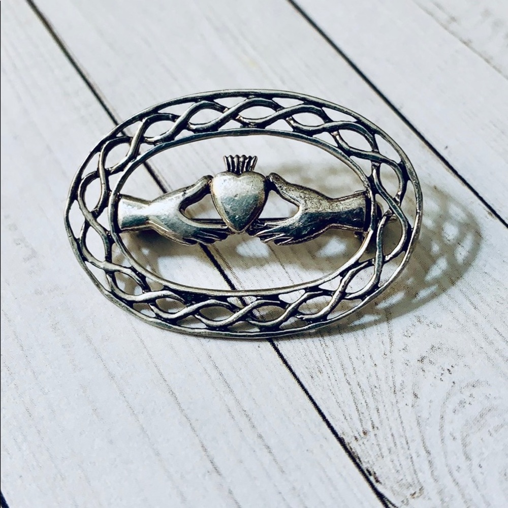 Irish Silver Claddagh  Hand Heart Crown Brooch